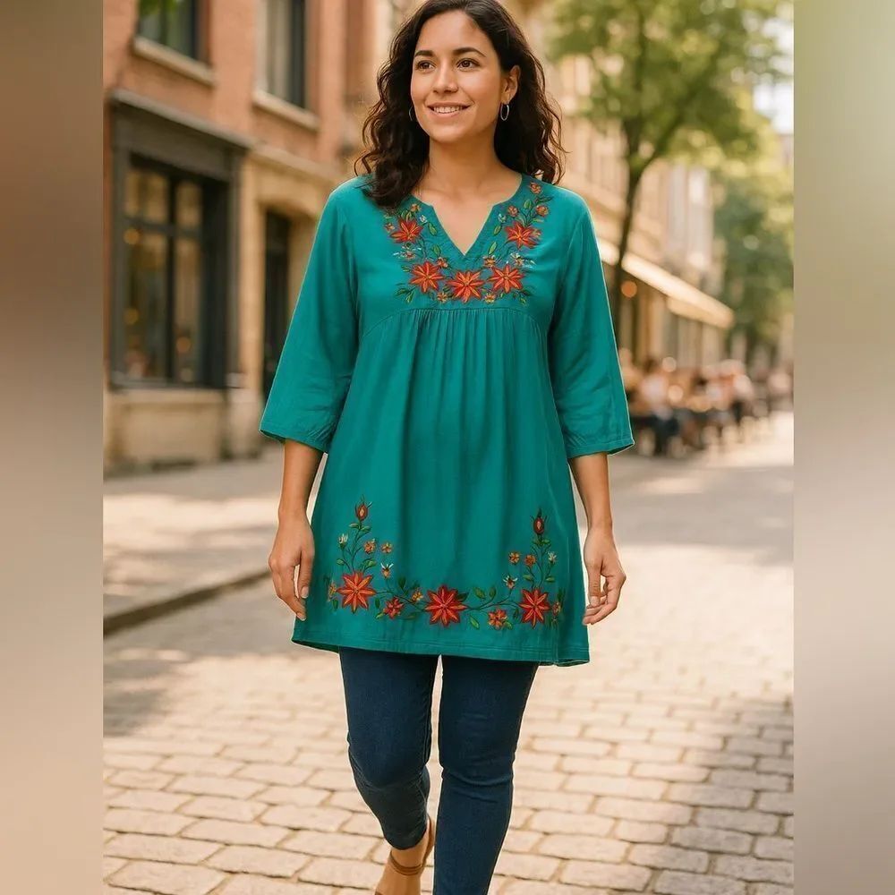 Michelle Yip Top Shirt Tunic Women’s Embroidered Boho Size Large
